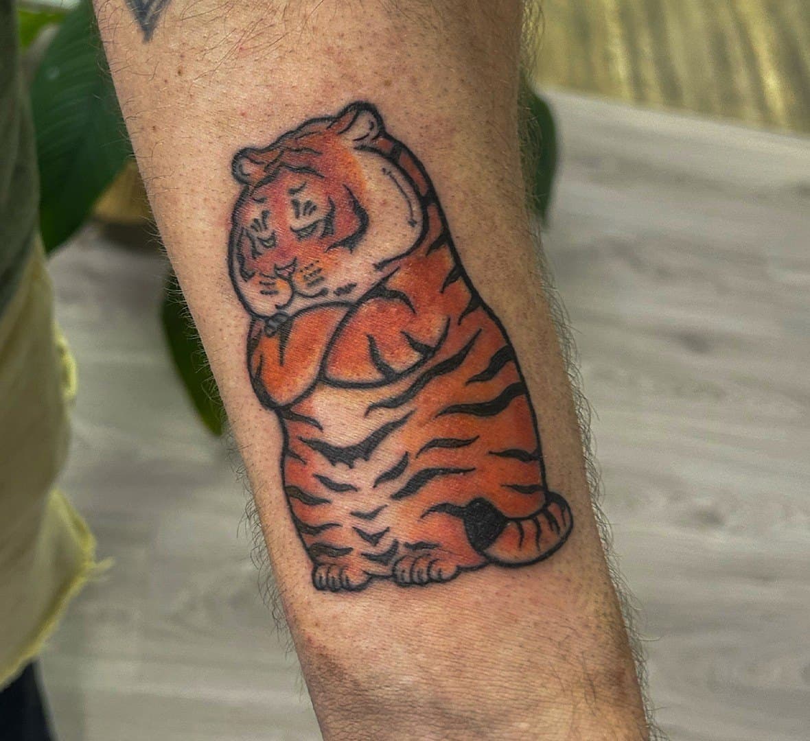 Bold traditional tattoo of a sitting tiger cub on a forearm